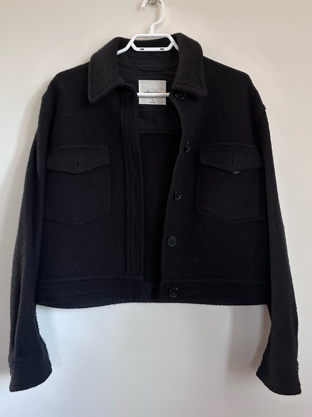 Black merino wool Ganna/Autumn crop jacket from Wilfred Free, Aritzia